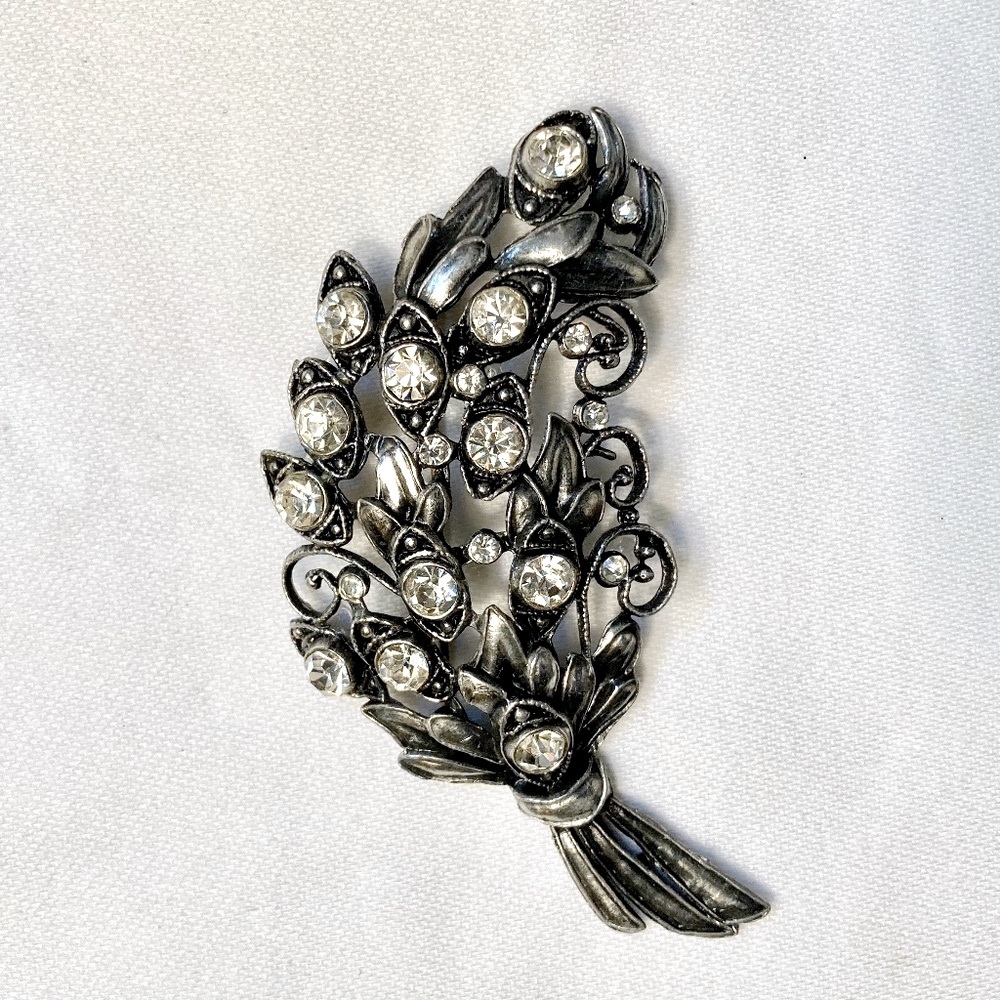 Vintage Black Metal with Rhinestone Leaf Brooch